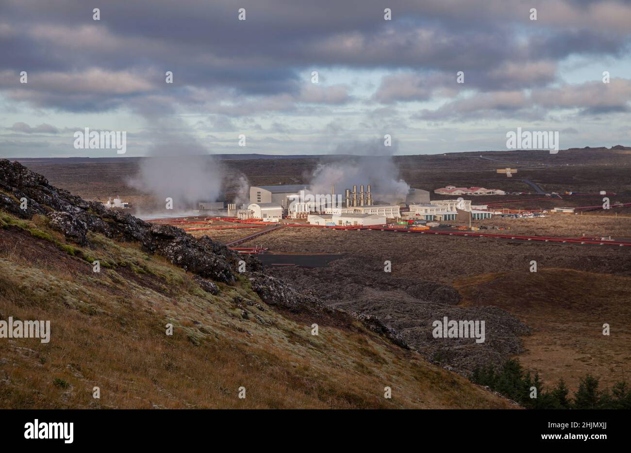 The Svartsengi Power Station and The Blue Lagoon as seen from the mountain Þorbjörn in Iceland Stock Photo