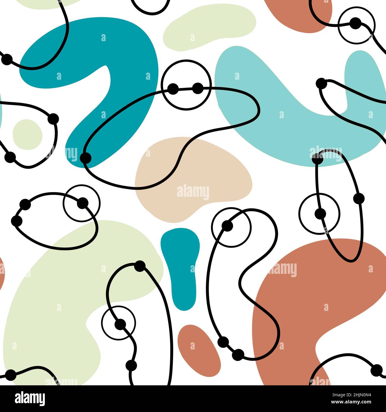 Seamless Hand Drawn Mid Century Modern Pattern In Beige Blue Turquoise Black White Colors Retro Vintage