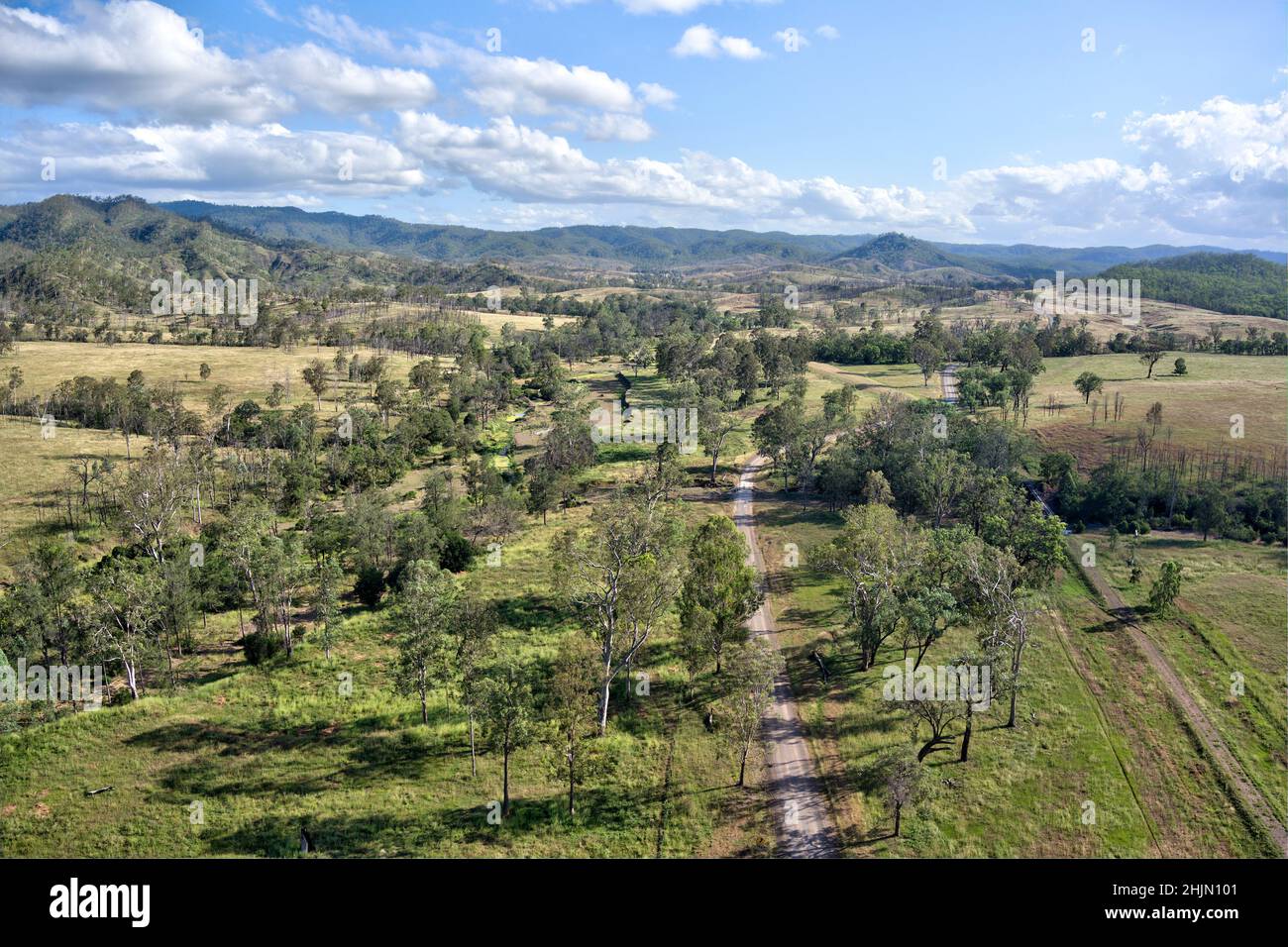 Aerial of the open road at head of the Boyne Valley near Many Peakes Queensland Australia Stock Photo