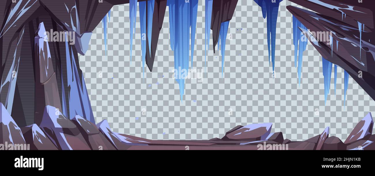 Mountain cave or stone arch with snow and icicles isolated on transparent background. Vector template with cartoon stone frame, cavern or mine in rocks with hanging ice crystals Stock Vector