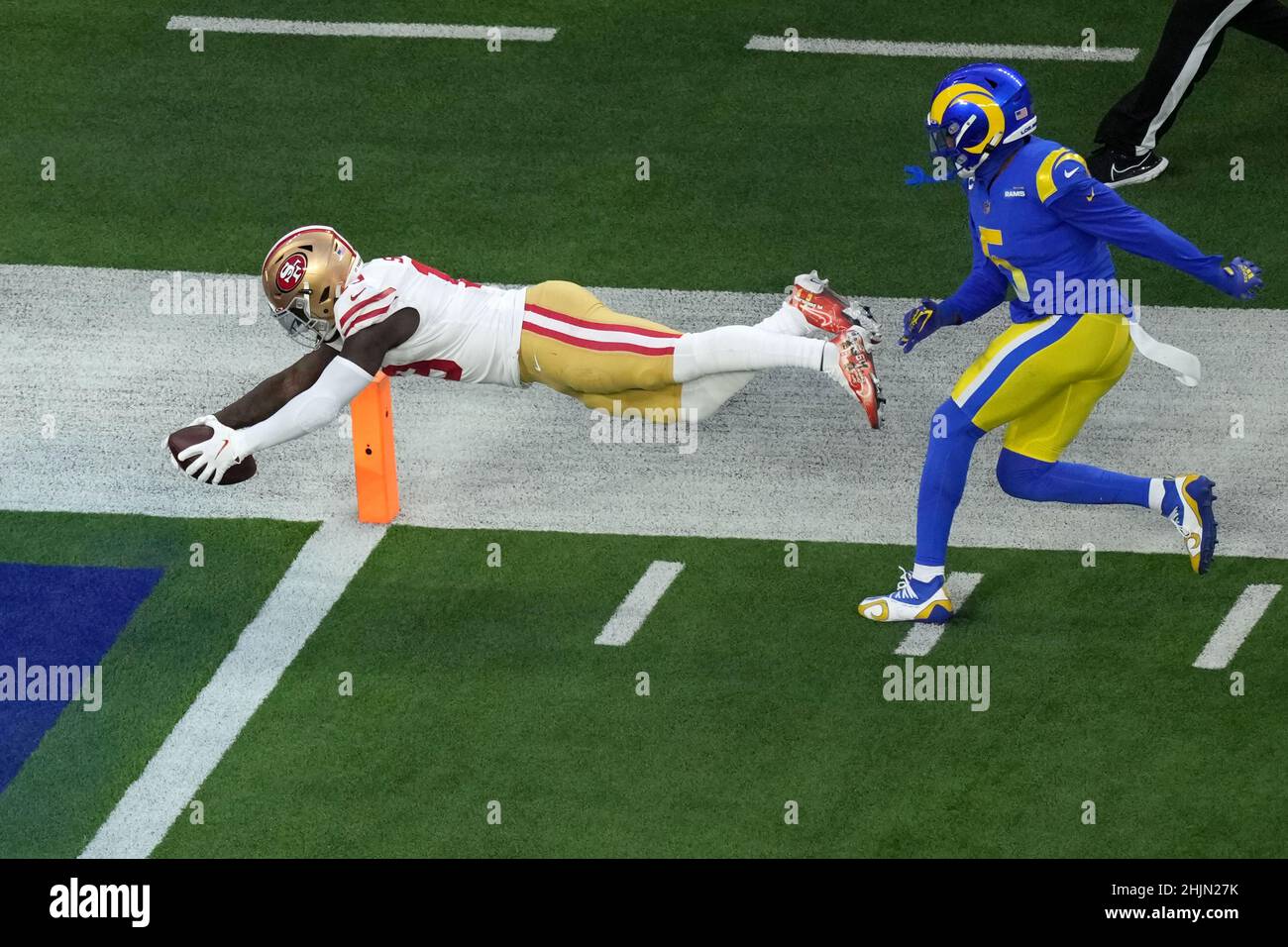 Inglewood, United States. 30th Jan, 2022. San Francisco 49ers Deebo Samuel scores on a 44 yard touchdown reception in front of Los Angeles Rams Jalen Ramsey during second quarter action in their NFC Championship game at SoFi Stadium in Inglewood, California on Sunday, January 30, 2022. The Rams beat the 49ers 20-17. Photo by Jon SooHoo/UPI Credit: UPI/Alamy Live News Stock Photo