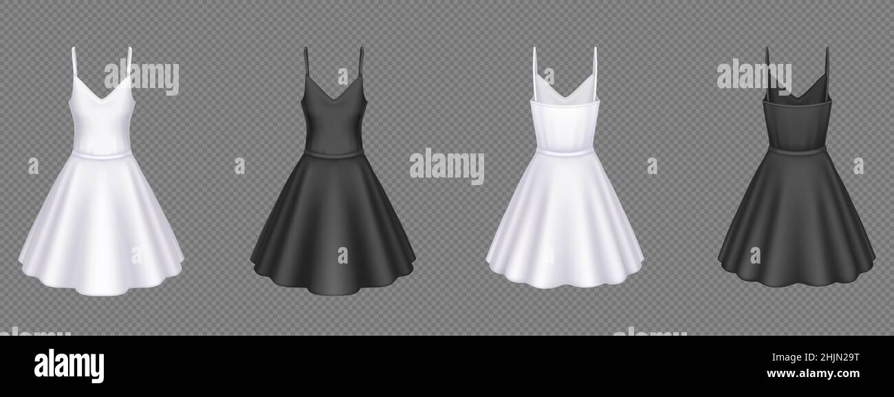 Women white and black cocktail dresses in front and back view. Vector realistic 3d mockup of blank girls evening gown with short skirts isolated on transparent background Stock Vector
