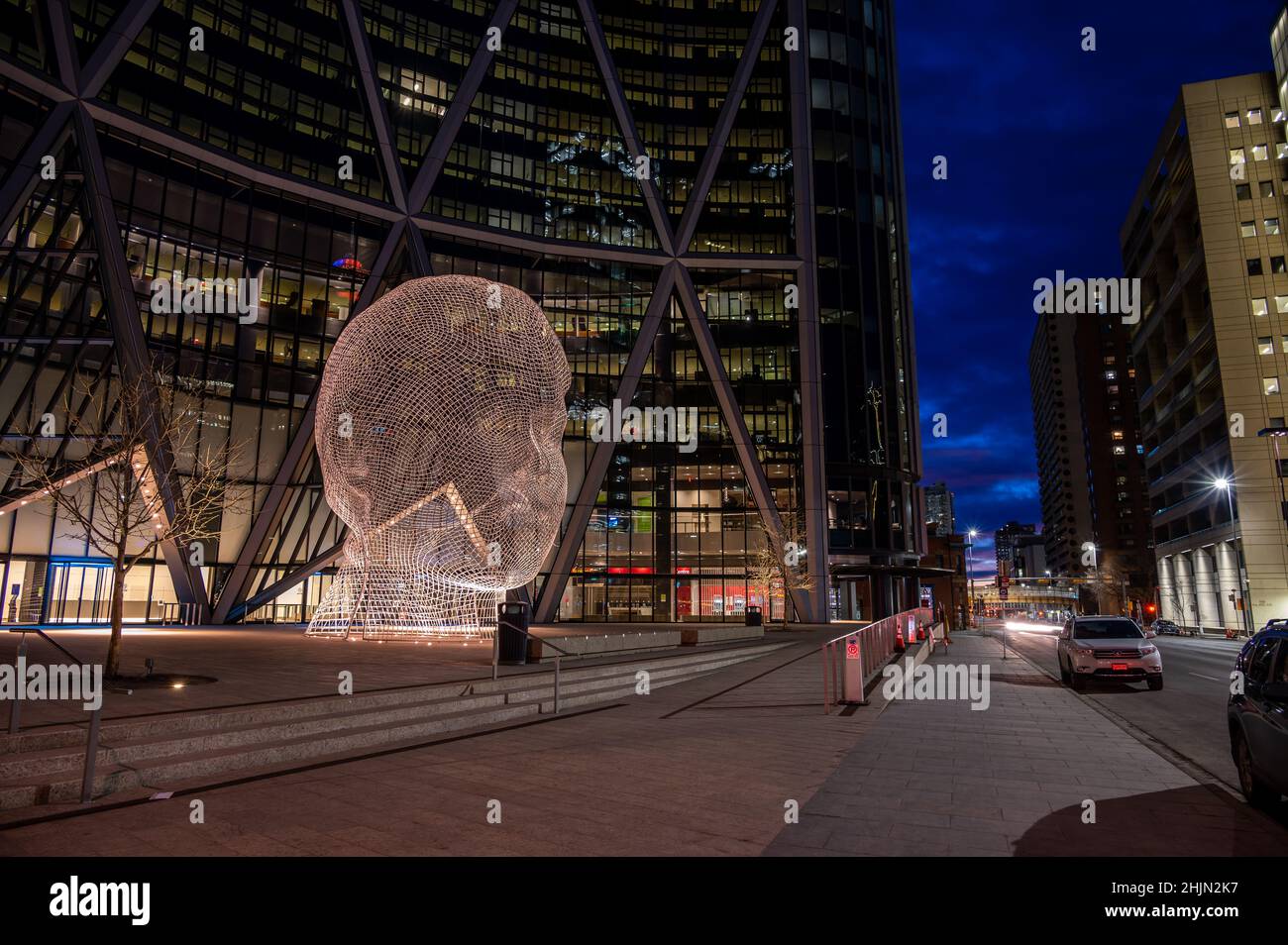 Calgary, Alberta - January 30, 2022: View of the Wonderland sculpture outside the Bow Tower in Calgary. Stock Photo