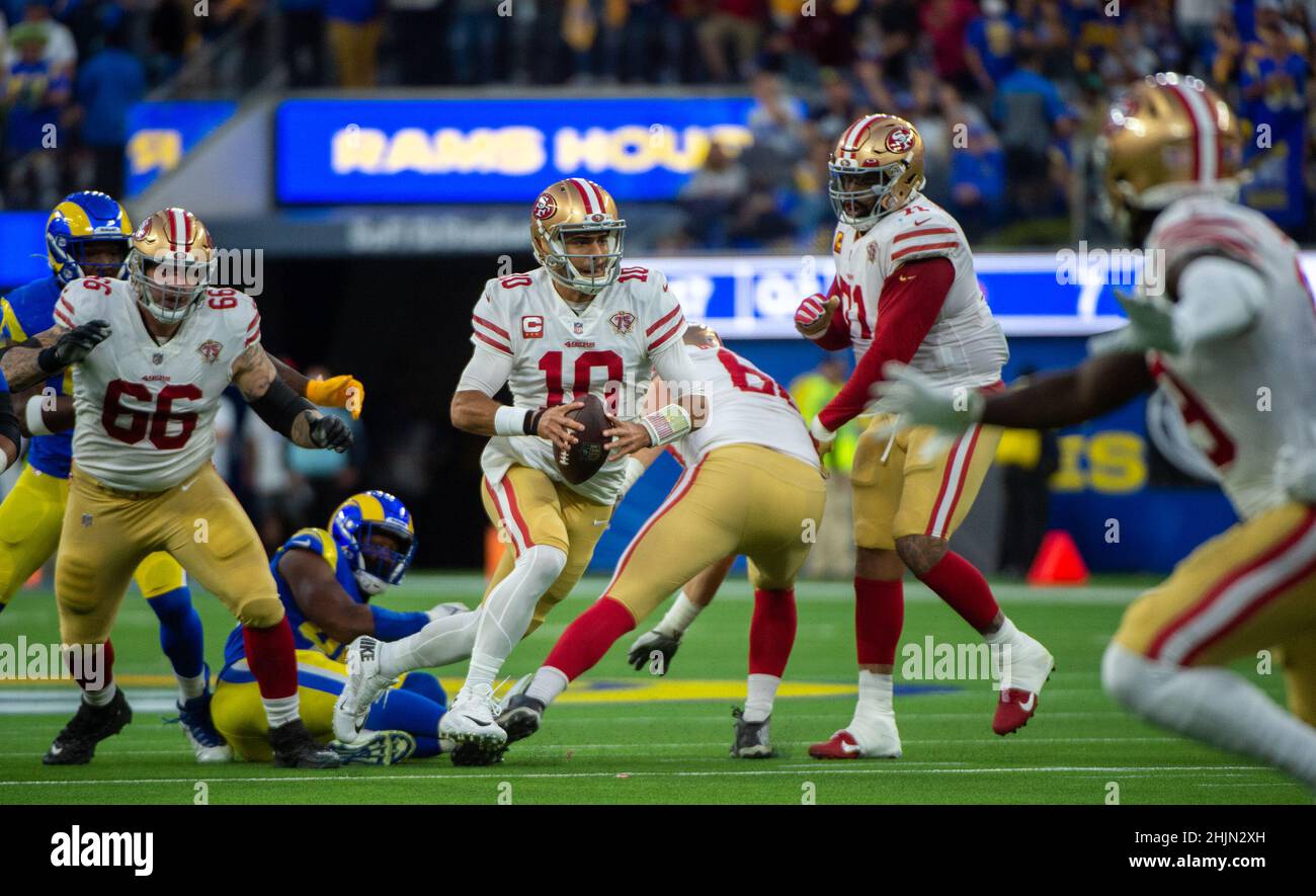 Los Angeles, CA, USA. 30th Jan, 2022. San Francisco 49ers quarterback Jimmy Garoppolo (10) gained yardage on keeper in the second quarter during the NFL championship game at SoFi Stadium on Sunday, Jan.30, 2022 in Los Angeles. (Credit Image: © Paul Kitagaki Jr./ZUMA Press Wire) Credit: ZUMA Press, Inc./Alamy Live News Stock Photo