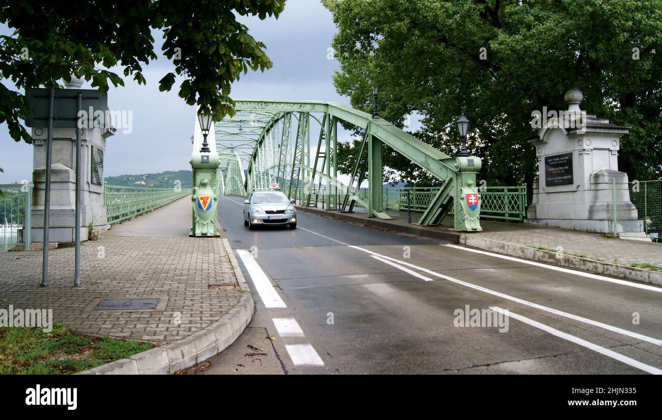 Maria Valeria Bridge joins Esztergom in Hungary and Sturovo in Slovakia, across the Danube River, Slovakian side entrance Stock Photo