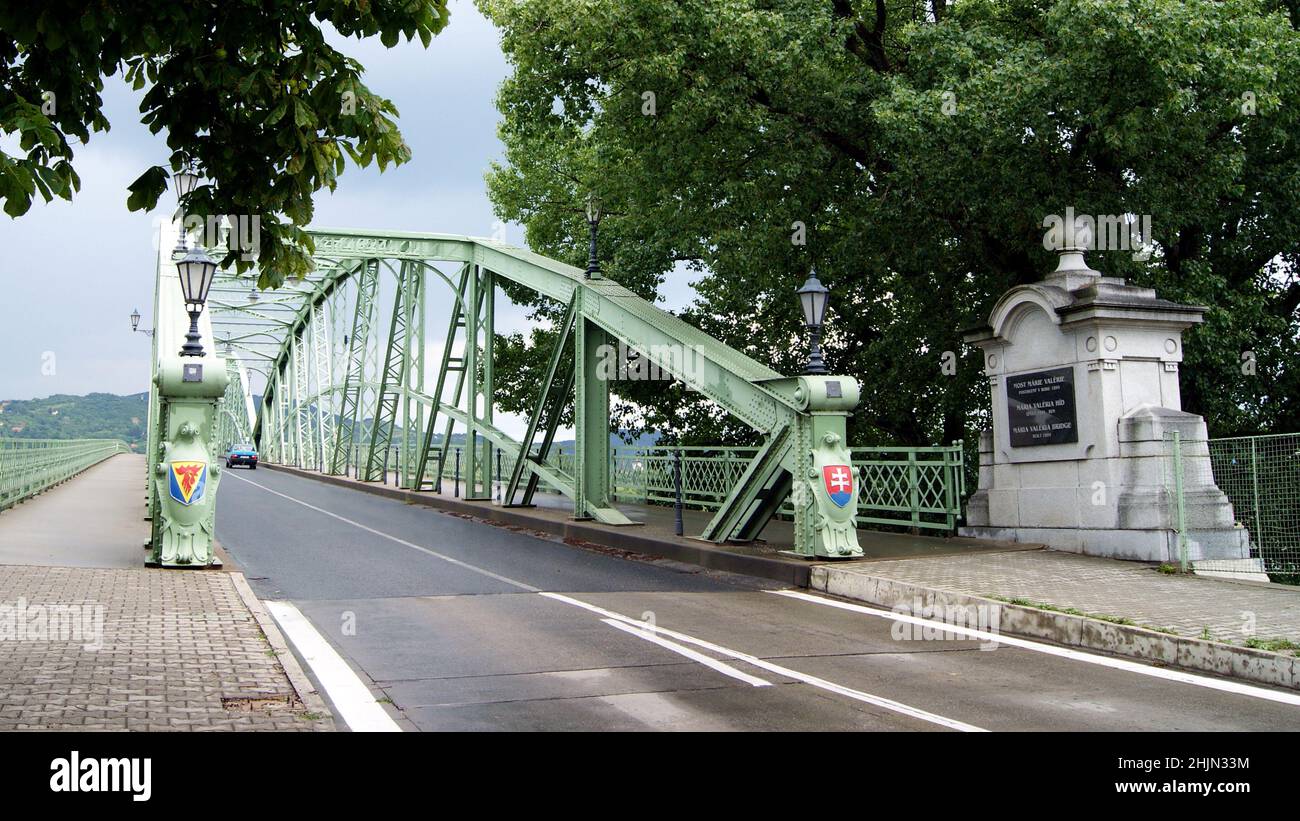 Maria Valeria Bridge, built 1895, joins Esztergom in Hungary and Sturovo in Slovakia, across the Danube River, view from Slovakian side Stock Photo