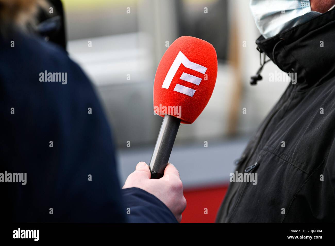 Illustration picture shows a microphone (mic, mike, micro) of French TV channel 'Equidia' during the Grand Prix d'Amerique Legend Horse Race Zeturf, at Hippodrome of Vincennes, near Paris, France, on January 30, 2022. Photo by Victor Joly/ABACAPRESS.COM Stock Photo