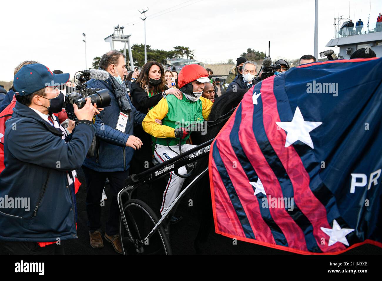 Jockey/driver Nicolas Bazire on "Davidson du Pont" celebrates his win