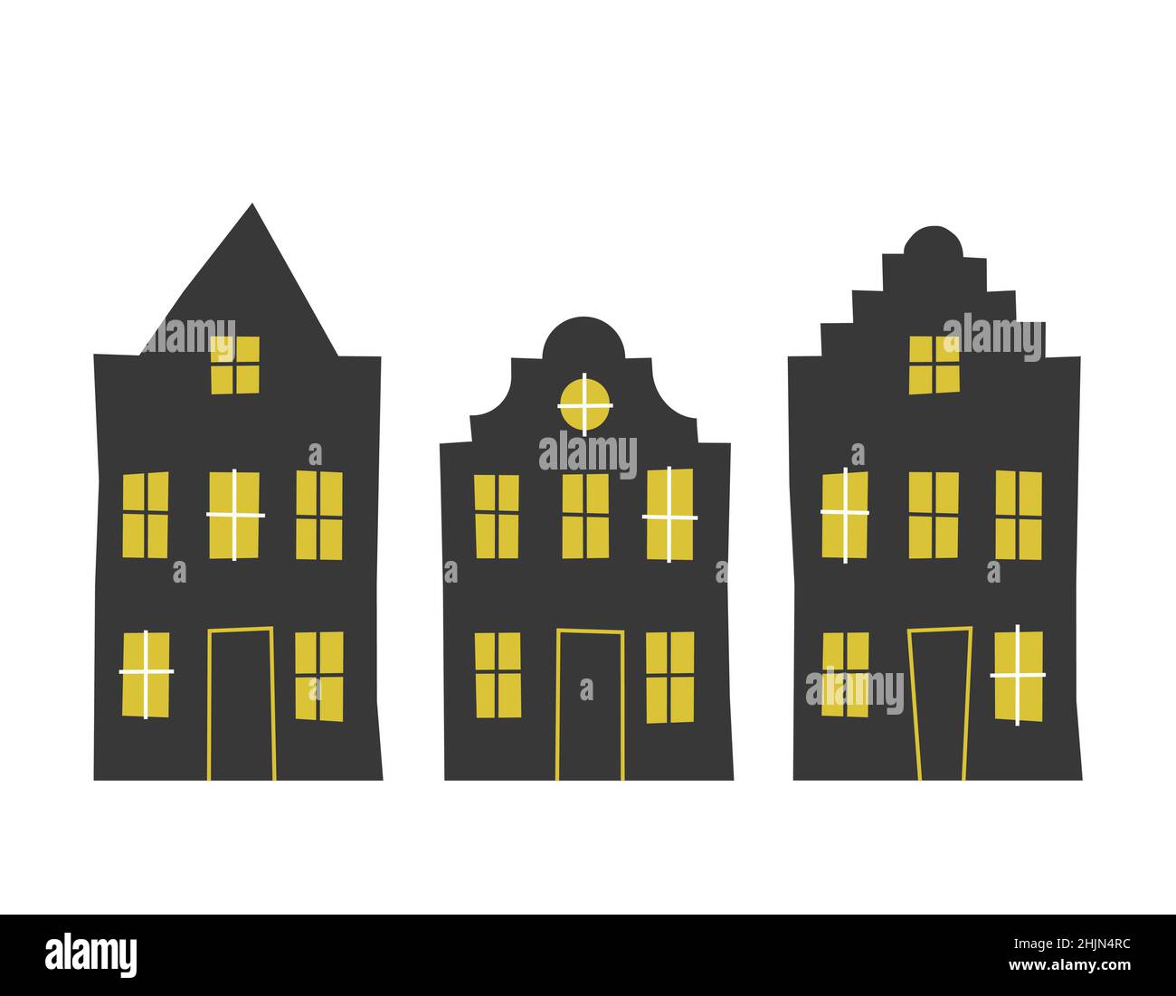 Vector set of traditional old European buildings like Amsterdam houses. Isolated black simplified silhouettes, yellow windows. Geometric style Stock Vector