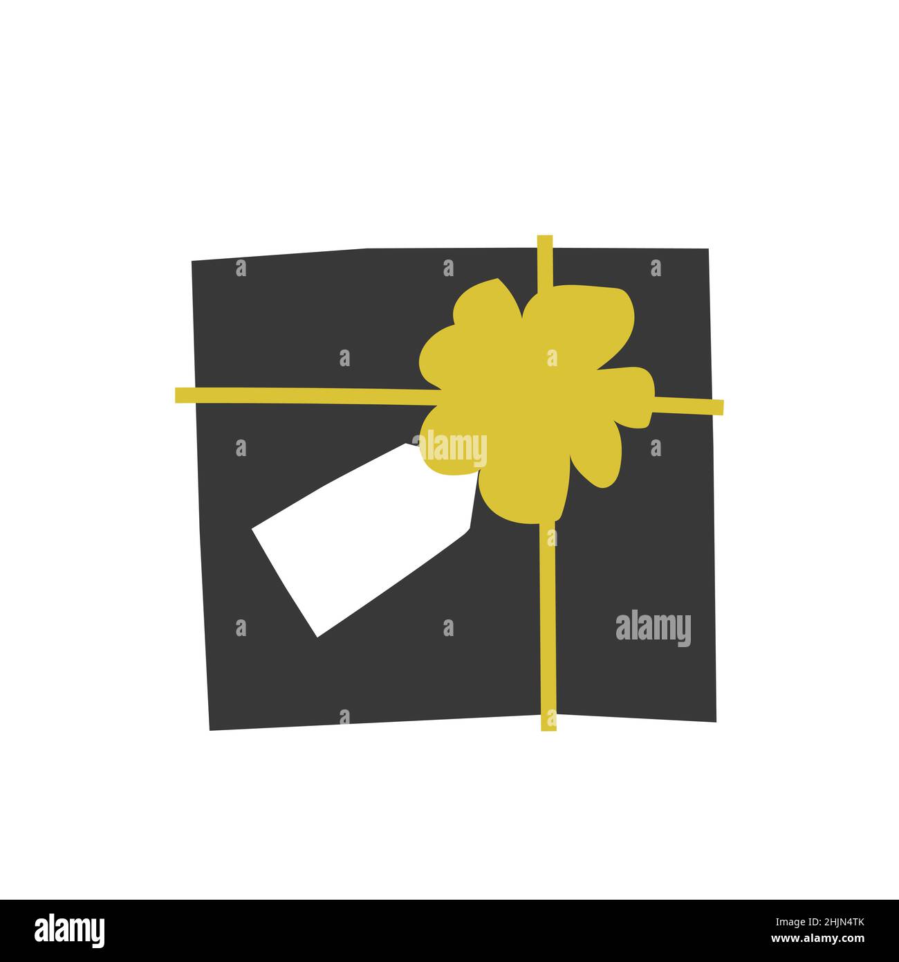 Vector isolated illustration in flat lay style. Black square gift box is paper wrapped and has yellow ribbon and white label as symbol of Christmas an Stock Vector