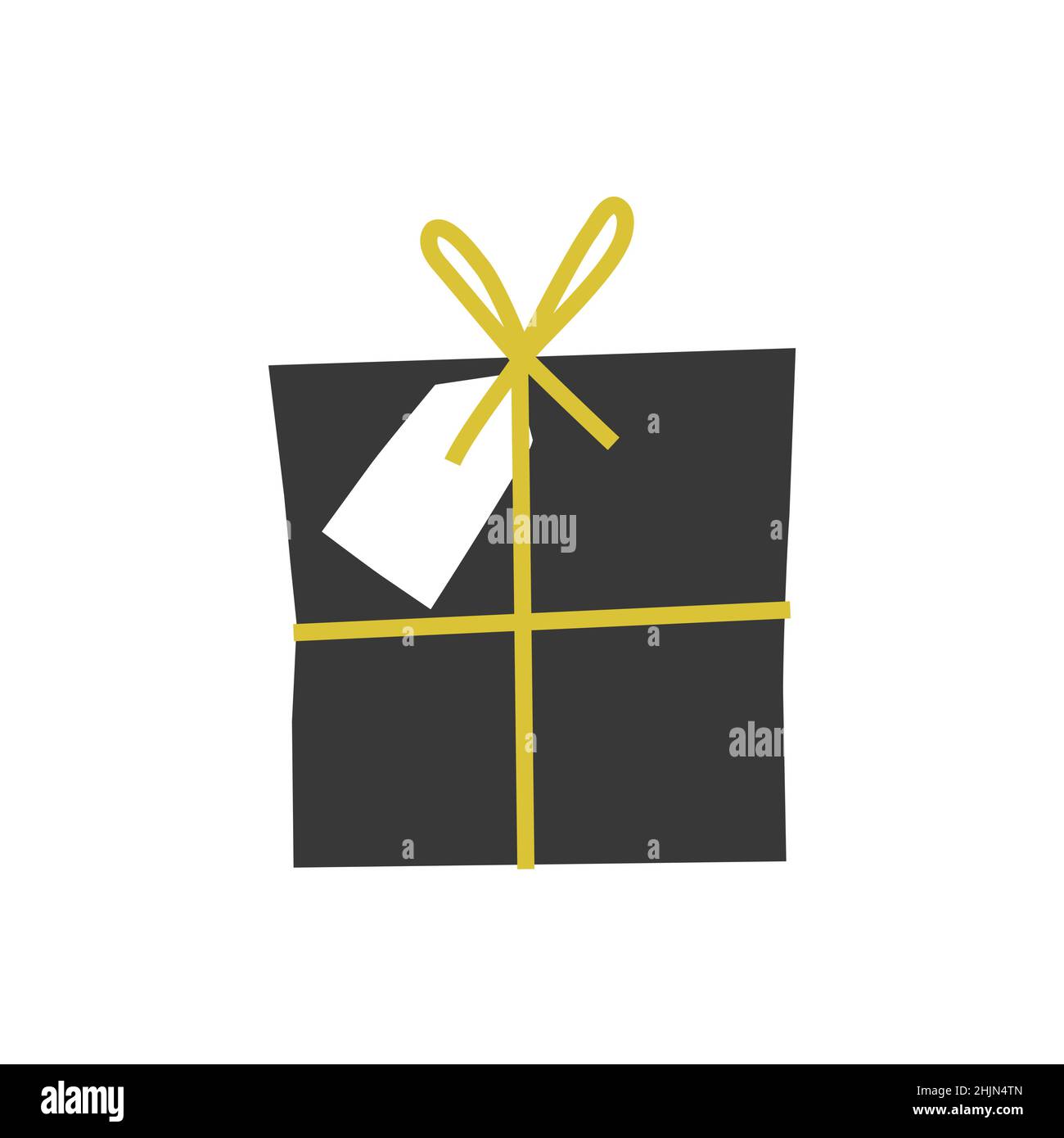 Vector isolated flat illustration. Black square gift box is paper wrapped and has golden ribbon, white label as sign of Christmas and New Year present Stock Vector