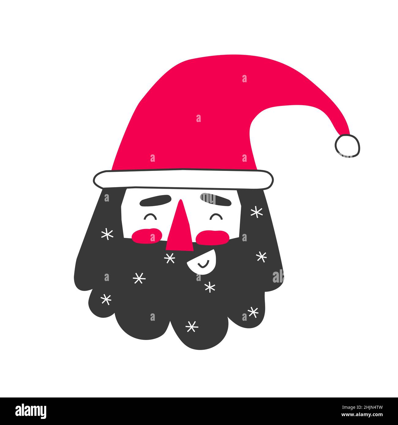 Vector isolated flat illustration of happy Santa Claus. Christmas portrait of smiling man with red hat, black beard with white snowflakes. Funny face Stock Vector