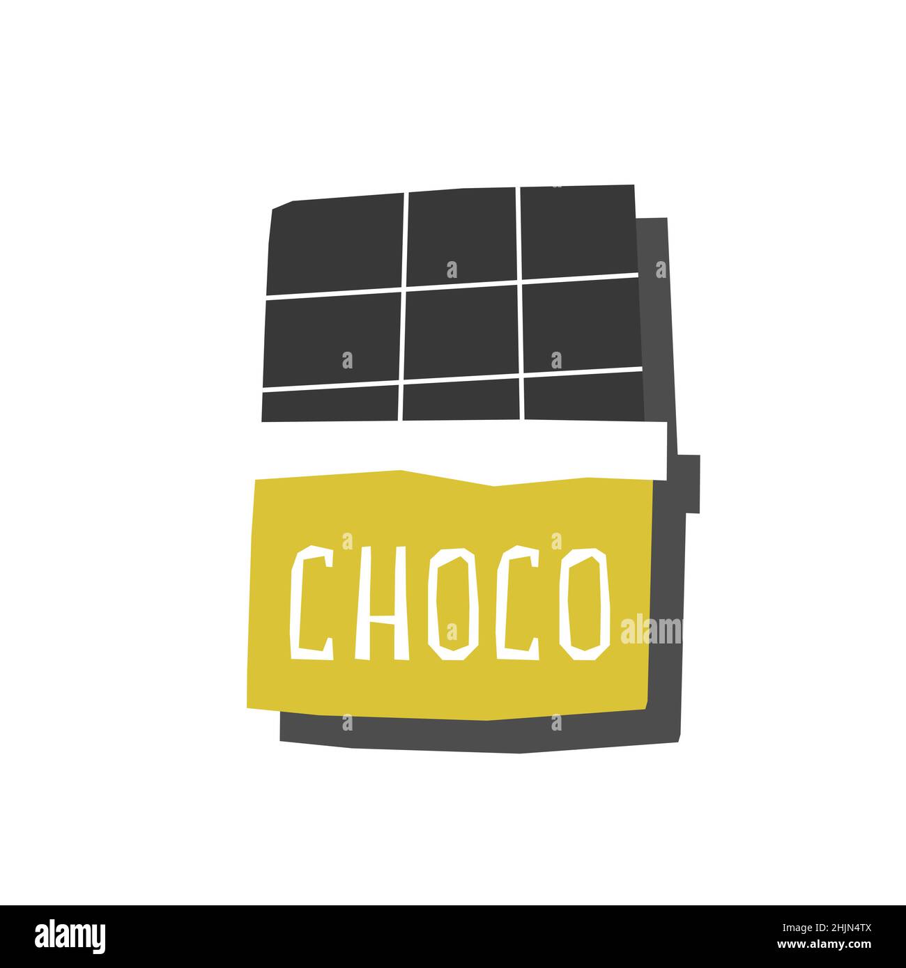 Vector isolated illustration with shadow. Chocolate bar has yellow unwrapped paper. Healthy organic dessert. Geometric shapes on white background. Fla Stock Vector