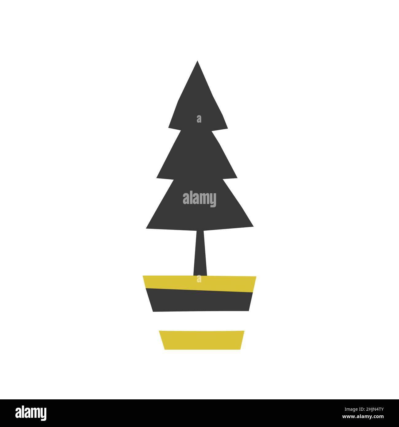 Vector isolated flat concept. Black Christmas tree is in pot for plants.  Fir and pine are Christmas and New Year symbol. Geometric shape on white bac Stock Vector