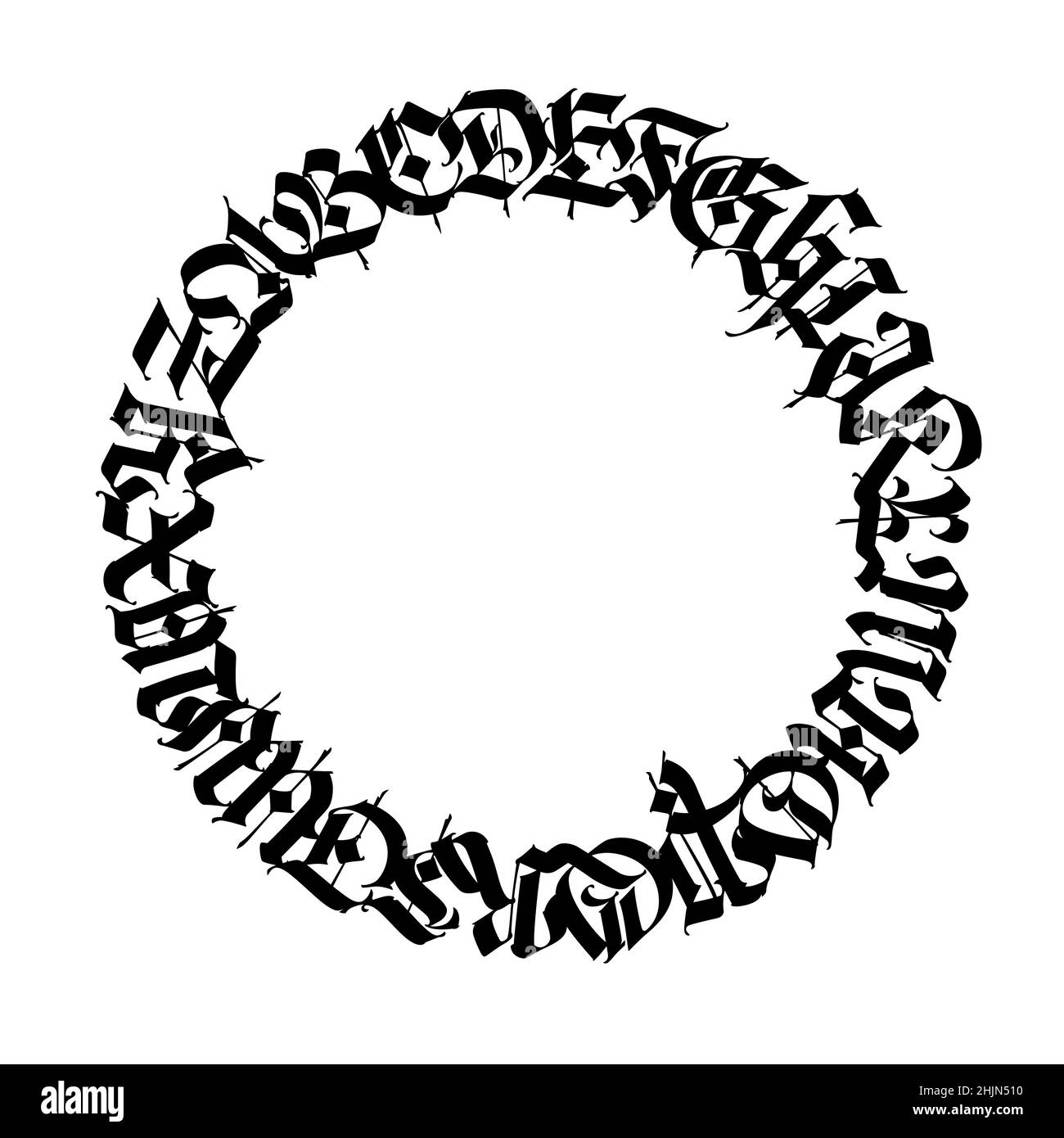 Pattern, ornament in the Gothic style. Vector. Gothic Old Germanic font. Alphabet. Medieval latin capital letters in a circle. Calligraphy and letteri Stock Vector