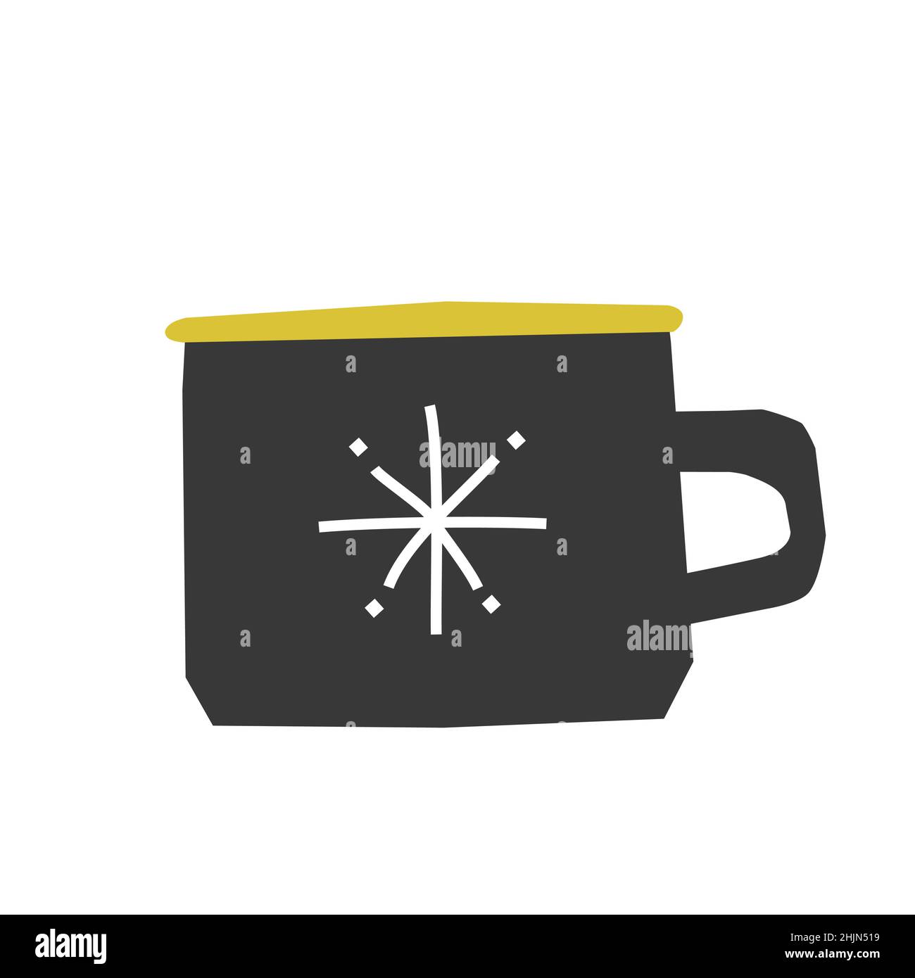 Vector isolated flat hand drawn illustration. Black cozy cup of tea with yellow decoration, white snowflake. Simplified minimalistic shape of mug for Stock Vector