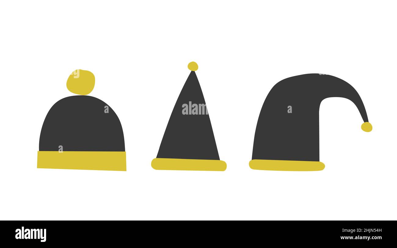 Vector isolated flat hand drawn set of illustrations. Three black warm winter Beanie (seamed cap) and Santa Claus hat with yellow fur. Simplified mini Stock Vector