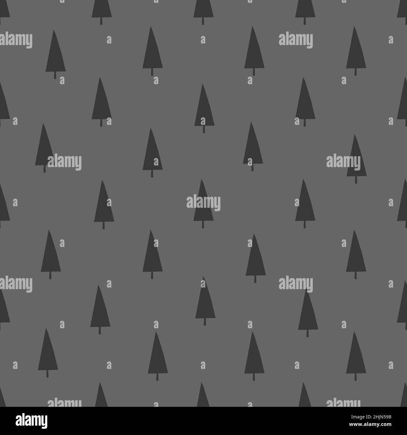 Vector seamless pattern with flat elements for New Year design of wrapping paper. Black  triangle Christmas trees are on grey background. Scandinavian Stock Vector