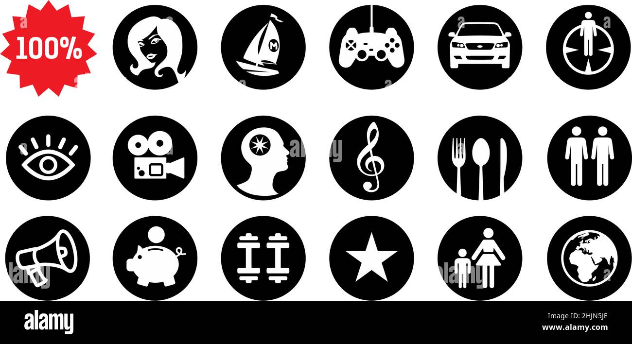 Set of icons, material values and consumer goods. Vector. Dreams, lifestyles and hobbies. The card of the desires of a man. Silhouette flat style. Sig Stock Vector