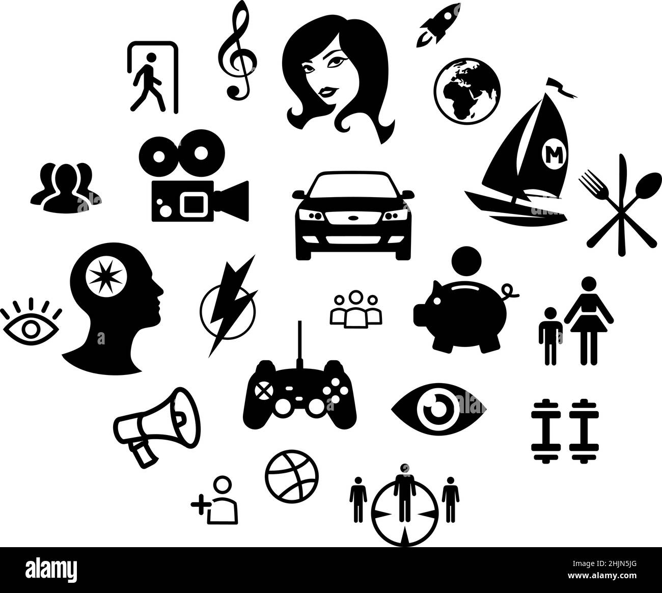 Icons, material values and consumer goods. Lifestyle and hobbies. The card of the desires of a man. Dreams of men. Yachts, cars, money and more. Signs Stock Vector