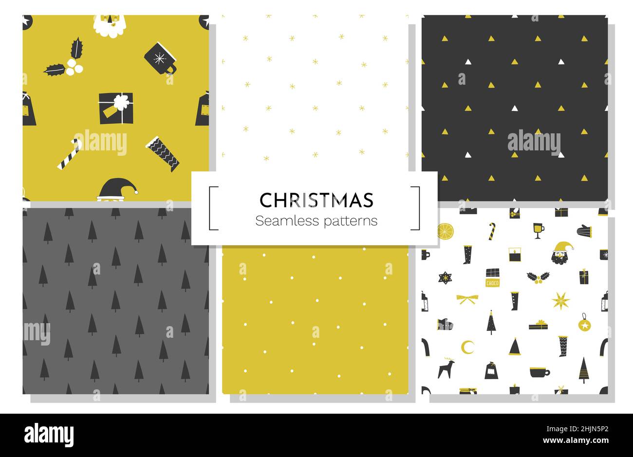 Vector collection with seamless patterns. Flat illustrations for New Year design on wrapping paper. Flat Christmas elements are include gift boxes, sw Stock Vector