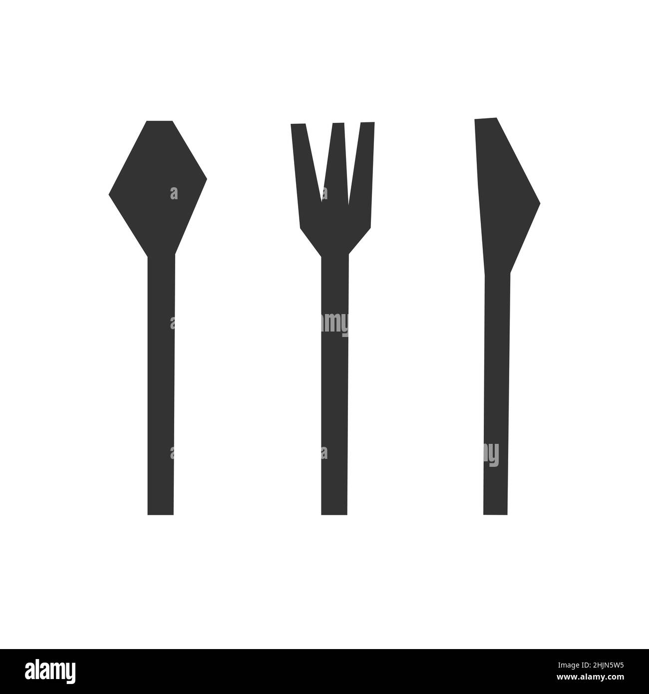 Vector flat isolated illustration with simplified and geometric images of kitchen cutlery: knife, soup spoon, fork. Black logos. White background Stock Vector
