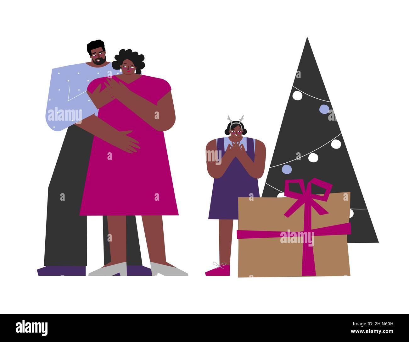 Vector concept of happy African American family with father, mother, girl staying near decorated xmas tree and gift box in craft paper. Celebration of Stock Vector