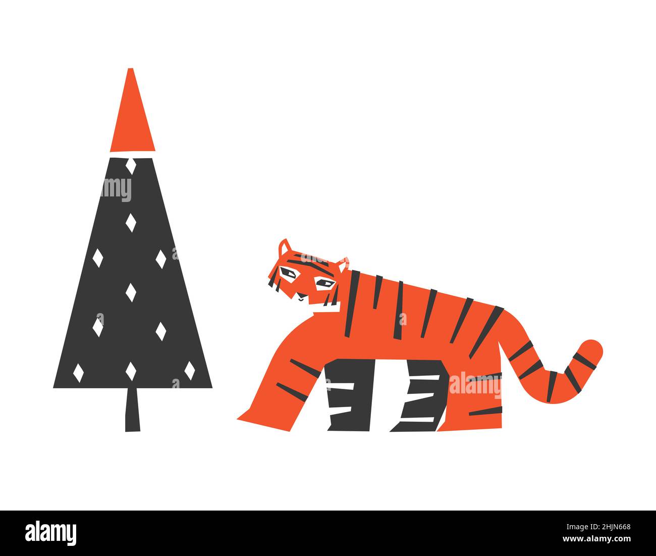Vector isolated illustration. Symbol of Chinese New Year 2022 - Year of the Tiger. Happy cute Manchrian tiger walks near Christmas tree decorated by g Stock Vector