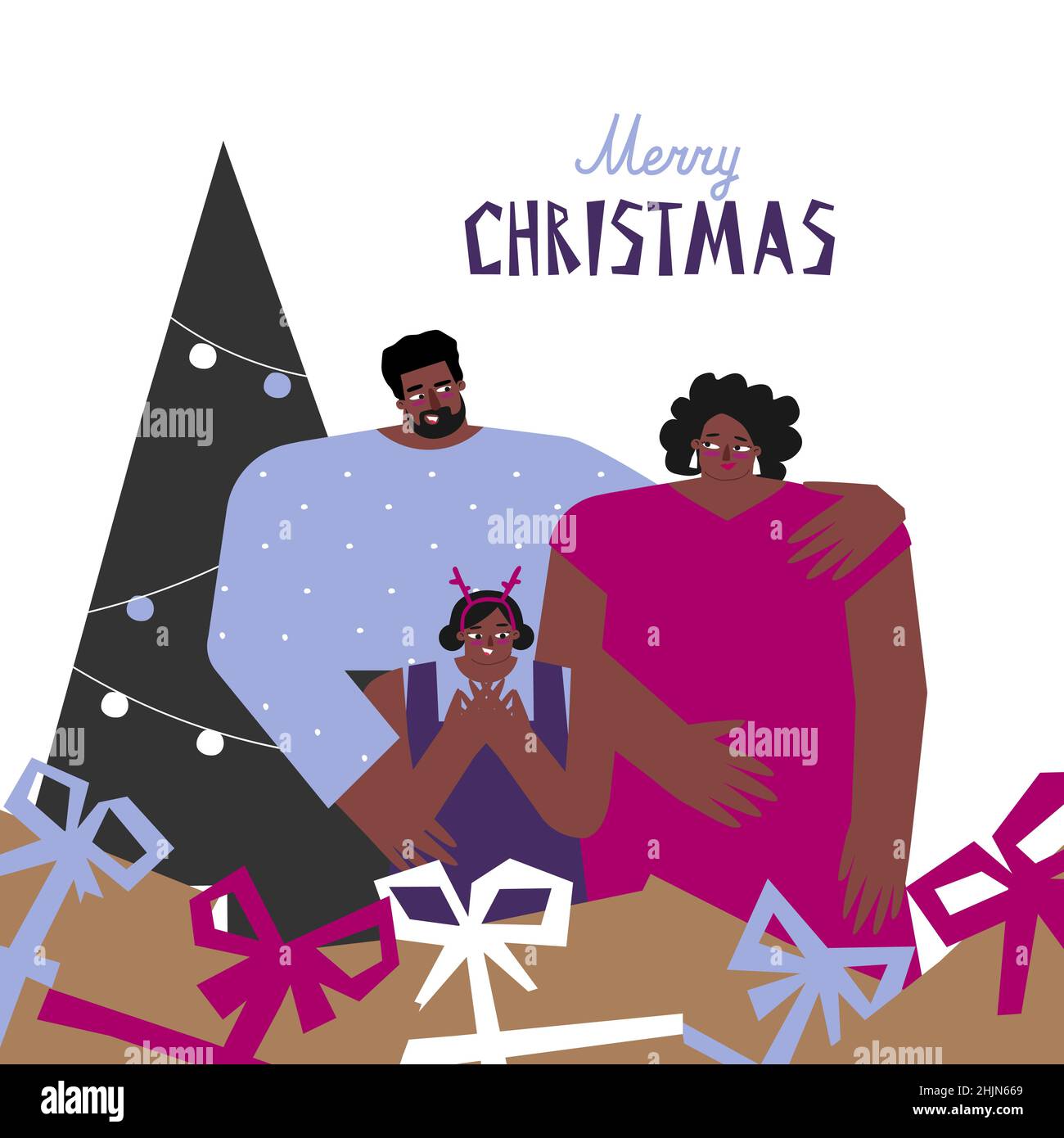 Vector concept of African American family with father, mother, girl staying near gift boxes and xmas tree. Card with hand drawn text - Merry Christmas Stock Vector
