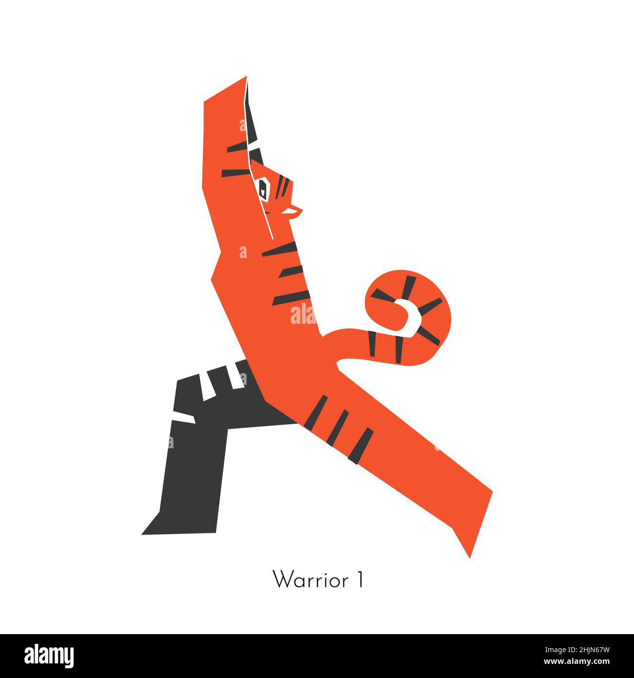 Vector flat isolated concept with athletic animal character. Korean tiger learns relaxing poses and does Warrior 1 at yoga practice. Basic exercise fo Stock Vector