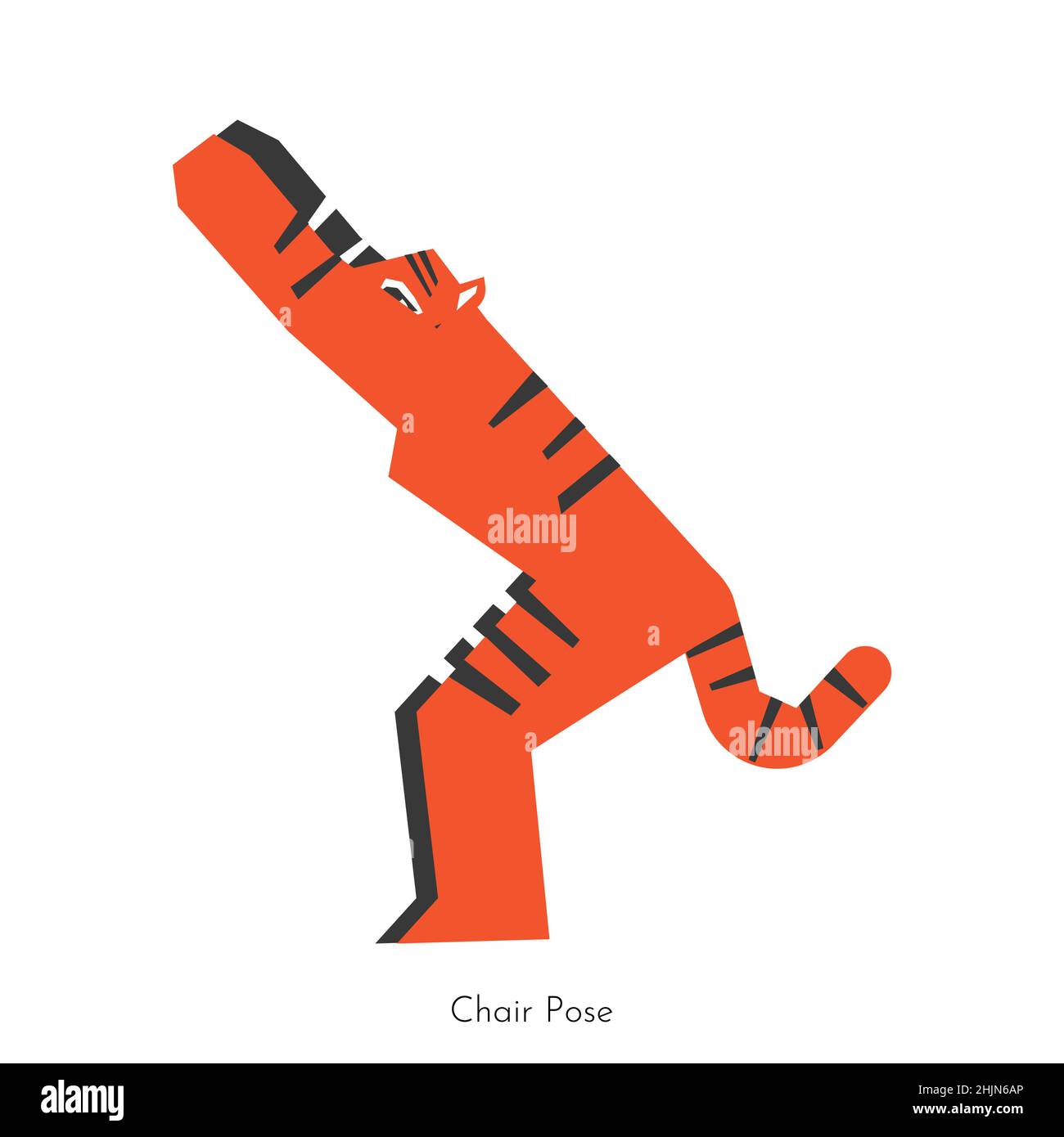 Vector flat isolated concept with sportive flexible animal character. Asian tiger learns relaxing posture and does Chair Pose at yoga practice. Basic Stock Vector