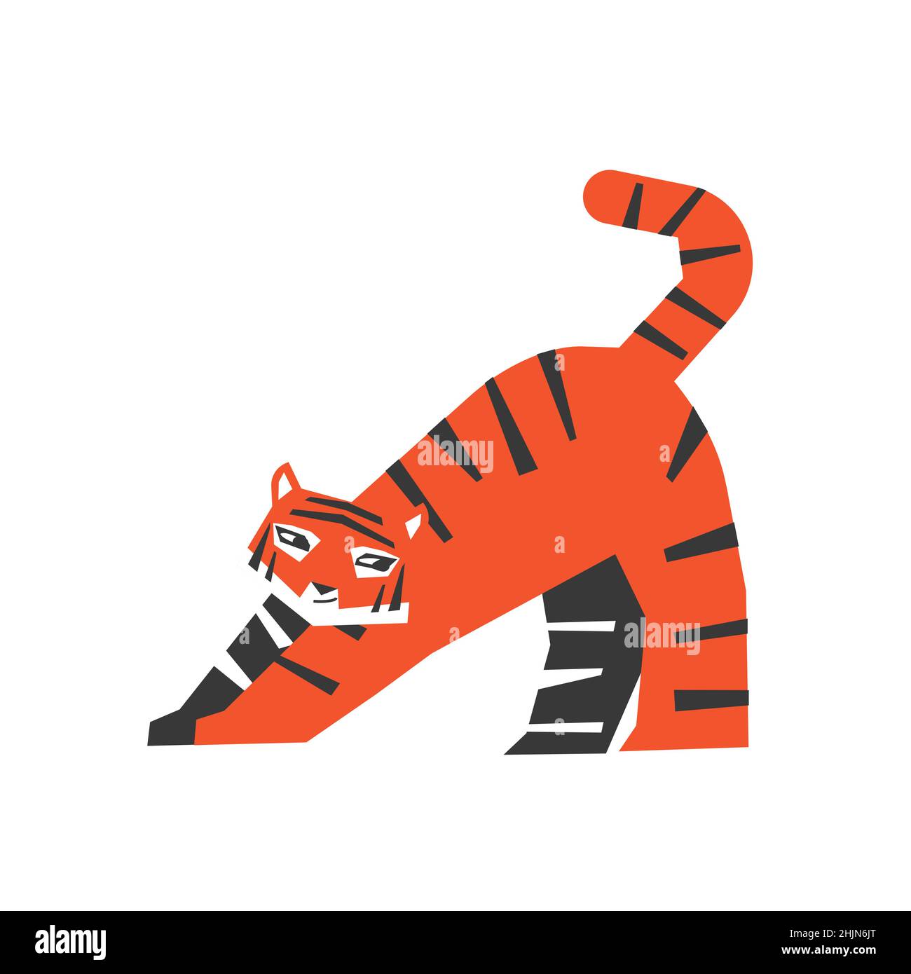 Vector isolated illustration for Christmas Decoration. Symbol of Chinese New Year 2022 - Year of the Tiger. Siberian tiger stays in pose - downward do Stock Vector