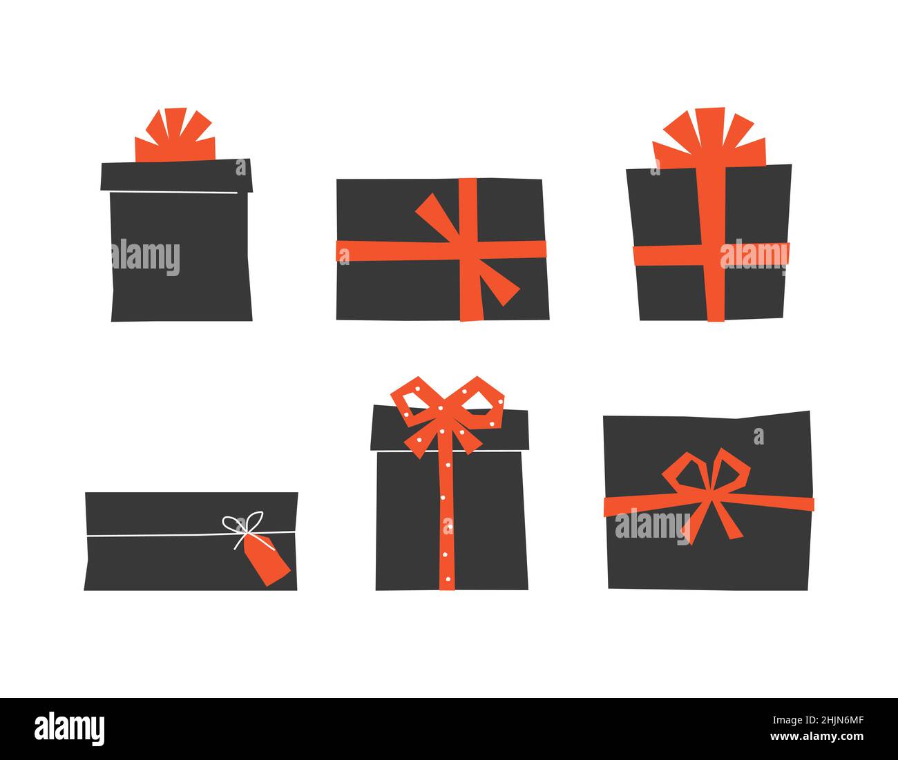 Vector isolated set on white background. Flat geometric illustrations of gift boxes. Template to design of Chinese New Year and Christmas. Six present Stock Vector