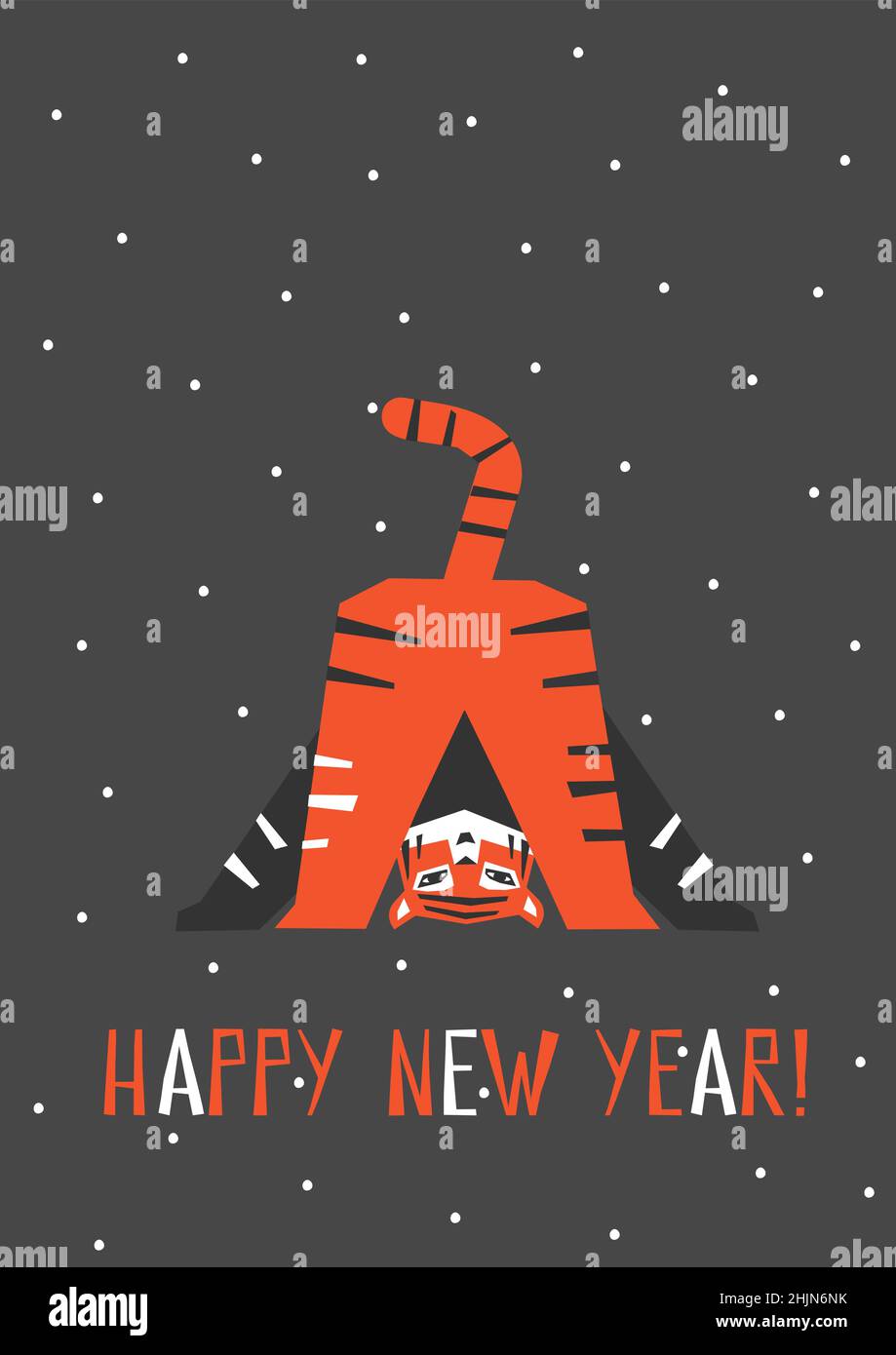 Vector flat illustration with symbol of Chinese New Year of 2022 - Tiger. Text - Happy New Year! Naughty animal is funny. Size is for vertical gift ca Stock Vector