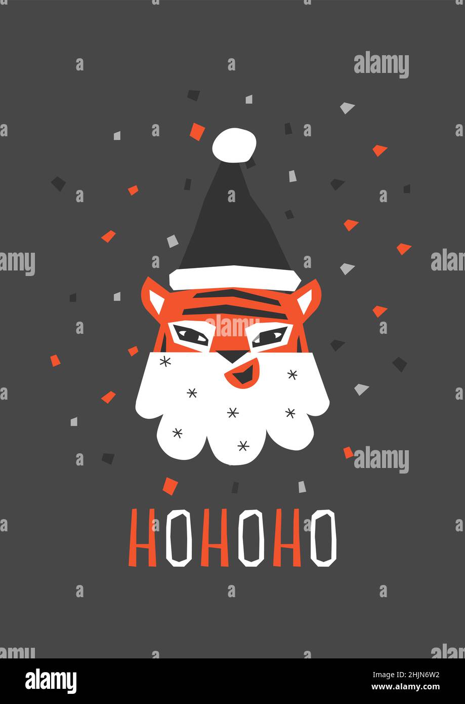Vector flat illustration with symbol of Chinese New Year of 2022 - Tiger. Text - Ho Ho Ho! Naughty animal is wearing Santa hat and white beard. Size o Stock Vector
