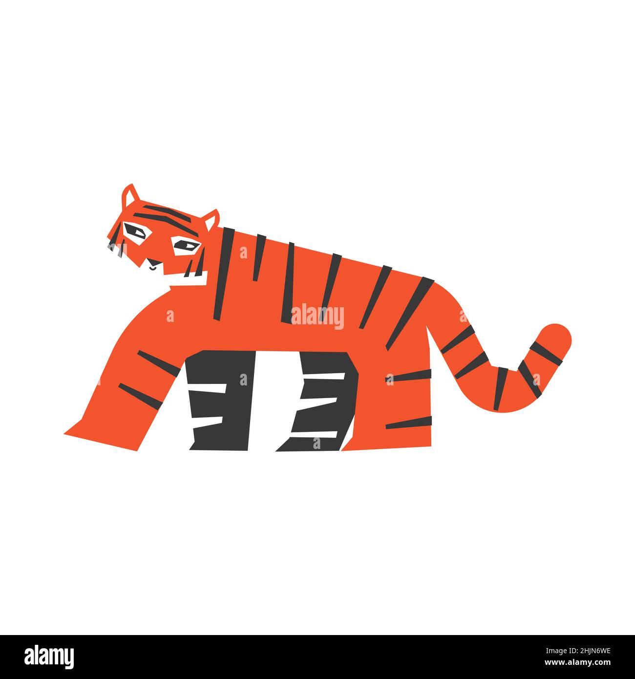 Vector isolated flat illustration for Christmas Decoration. Symbol of Chinese New Year 2022 - Year of the Tiger. Happy cute Korean tiger walks. White Stock Vector