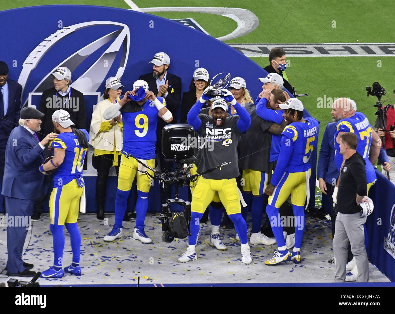 Inglewood, United States. 31st Jan, 2022. Los Angeles Rams' Aaron Donald celebrates with the George Halas Trophy and teammates after defeating the San Francisco 49ers in the NFC Championship Game at SoFi Stadium in Inglewood, California on Sunday, January 30, 2022. Photo by Jim Ruymen/UPI Credit: UPI/Alamy Live News Stock Photo