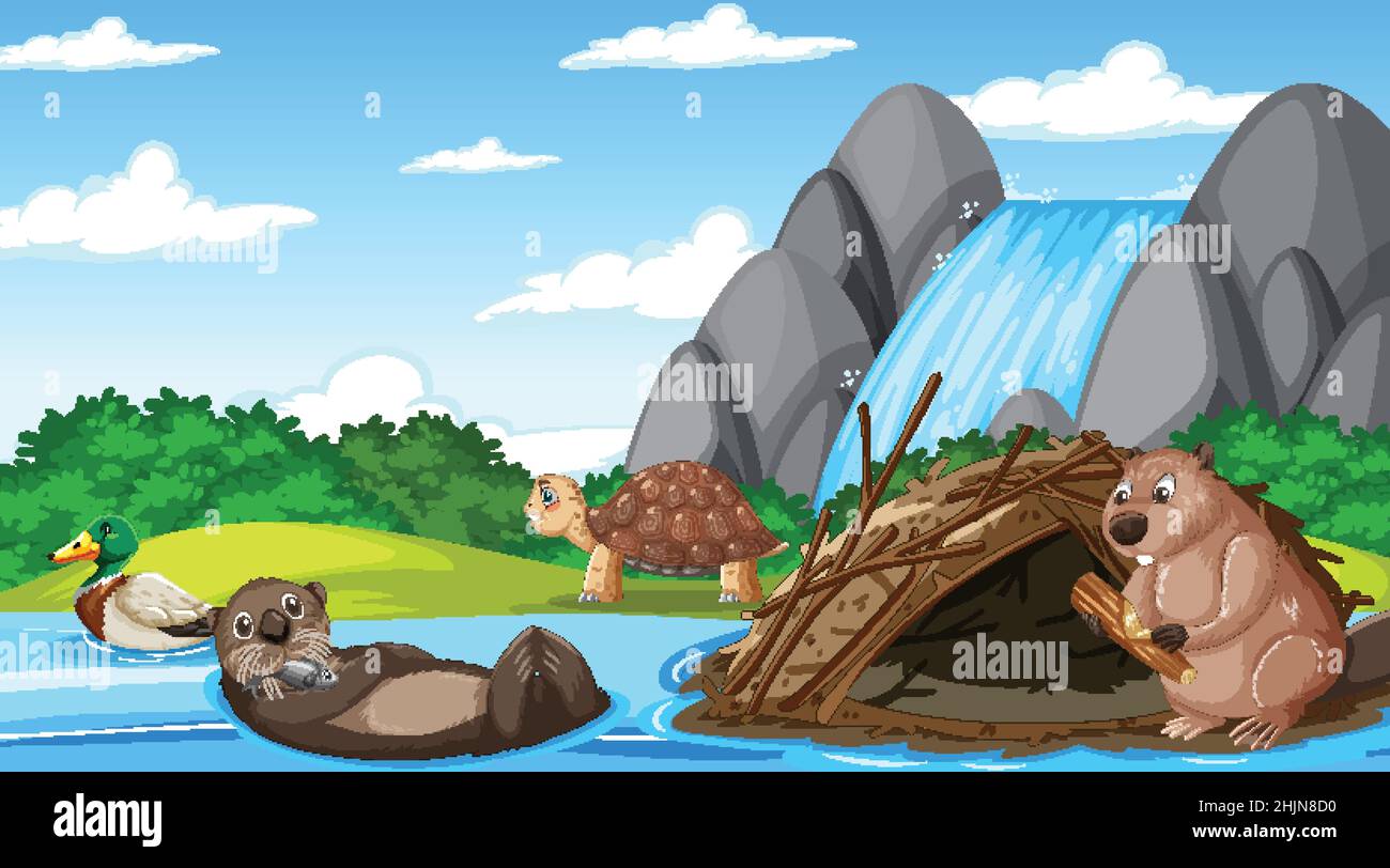 River in the forest with wild animals illustration Stock Vector Image ...