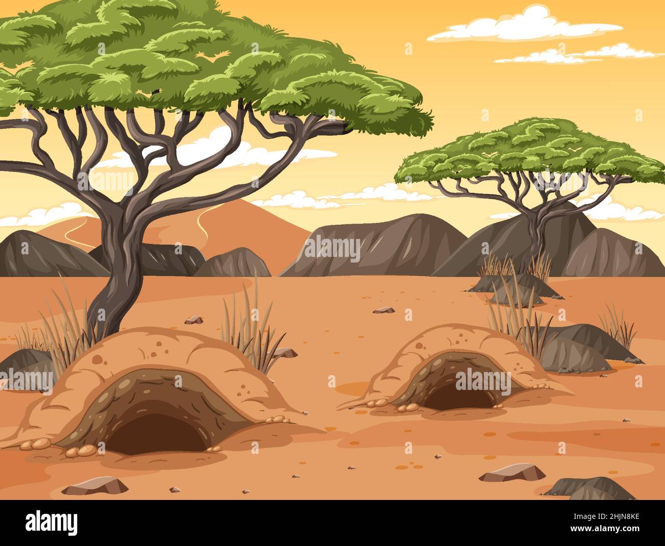 Desert landscape with trees and animals burrow illustration Stock ...