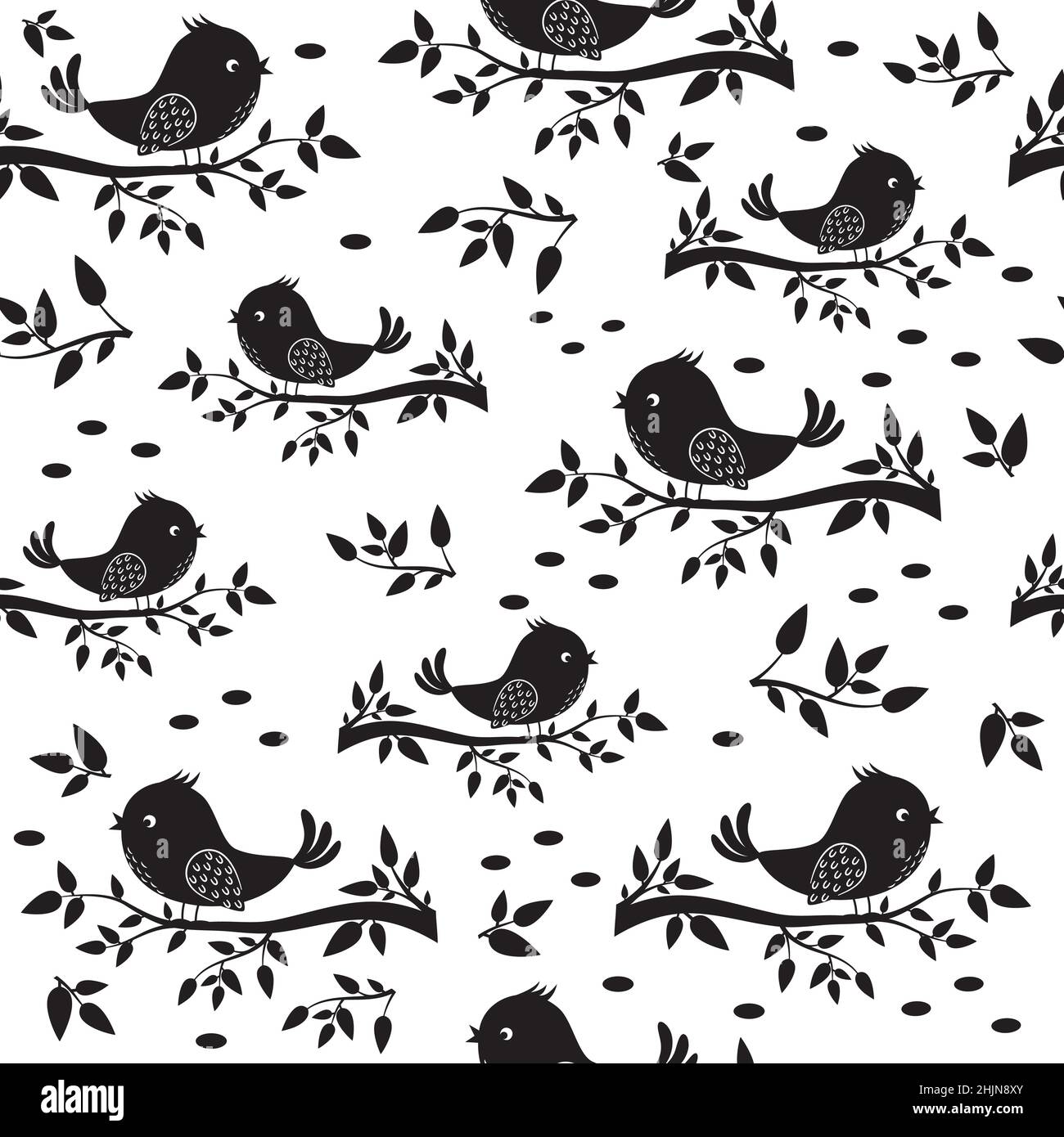 Bird sitting on a branch pattern, black stencil silhouette, Textile