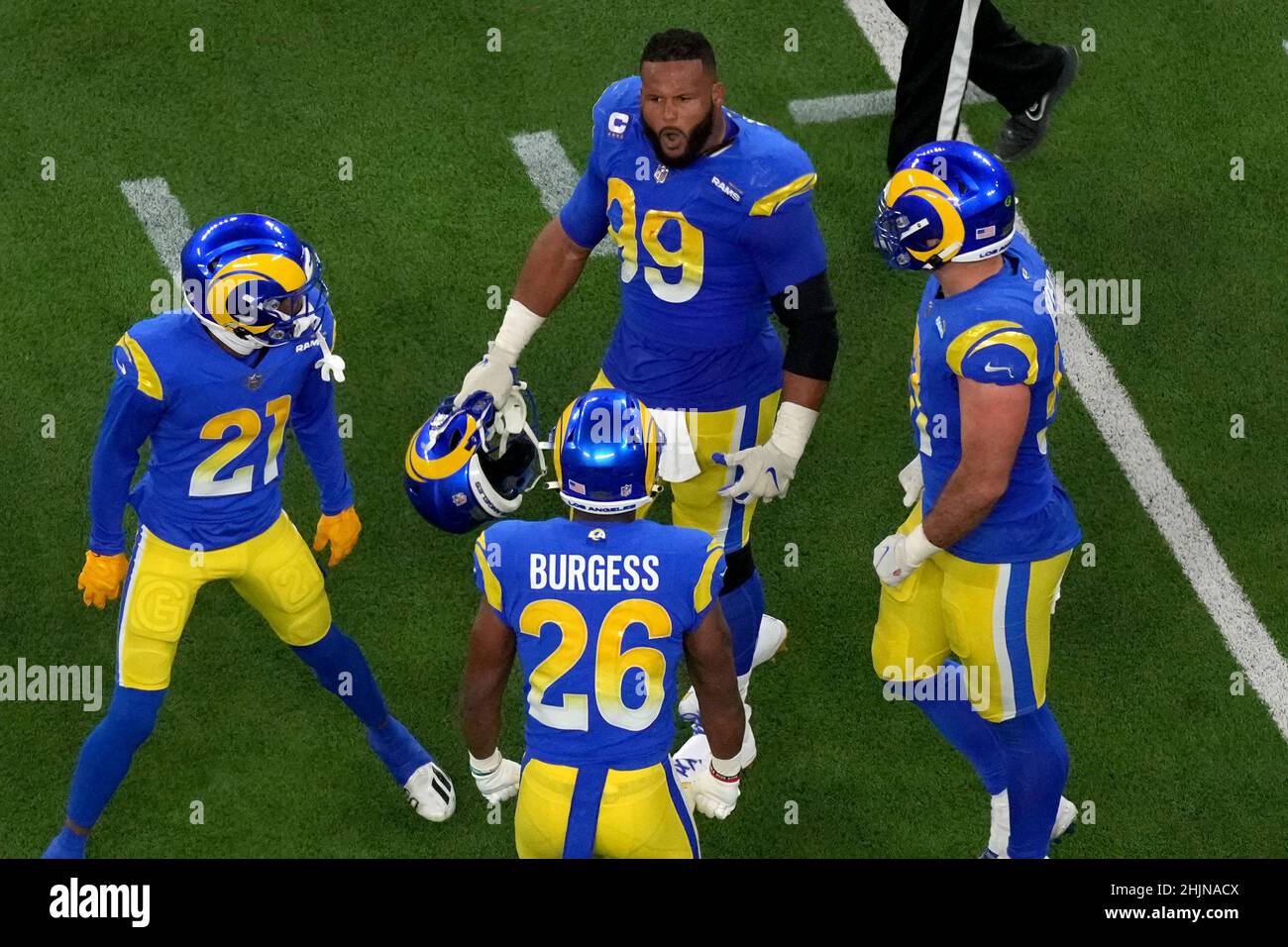 Inglewood, United States. 31st Jan, 2022. Los Angeles Rams' Aaron Donald (99) rejoices with his teammates after beating the San Francisco 49ers during the NFC Championship game at SoFi Stadium in Inglewood, California on Sunday, January 30, 2022. Photo by Jon SooHoo/UPI Credit: UPI/Alamy Live News Stock Photo
