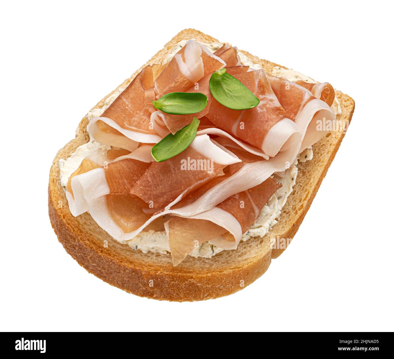 Toast with prosciutto isolated on white background, top view Stock