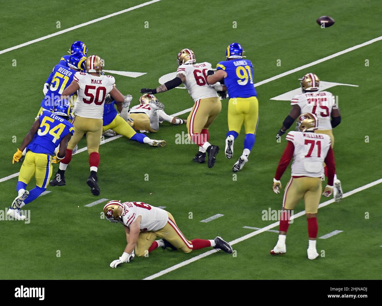 Inglewood, United States. 31st Jan, 2022. San Francisco 49ers' quarterback Jimmy Garoppolo (10) tosses the ball in desperation for an interception with nine seconds left in regulation of the NFC Championship game and the Los Angeles Rams leading 20-17 at SoFi Stadium in Inglewood, California on Sunday, January 30, 2022. Photo by Jim Ruymen/UPI Credit: UPI/Alamy Live News Stock Photo
