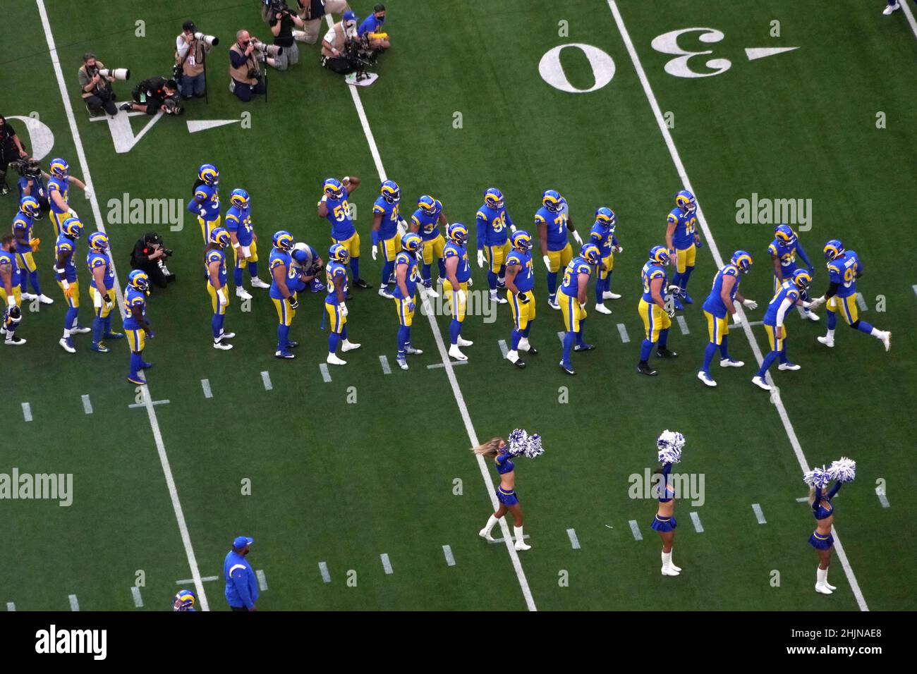 Inglewood, United States. 31st Jan, 2022. Los Angeles Rams' Aaron Donald (99) joins his teammates prior to the start of the NFC Championship game against the San Francisco 49ers at SoFi Stadium in Inglewood, California on Sunday, January 30, 2022. The Rams beat the Niners 20-17. Photo by Jon SooHoo/UPI Credit: UPI/Alamy Live News Stock Photo