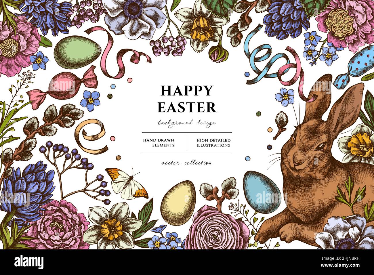 Easter hand drawn illustration design. Background with retro rabbit, eggs, willow branches, candies, shepherd's purse, great orange-tip, anemone Stock Vector