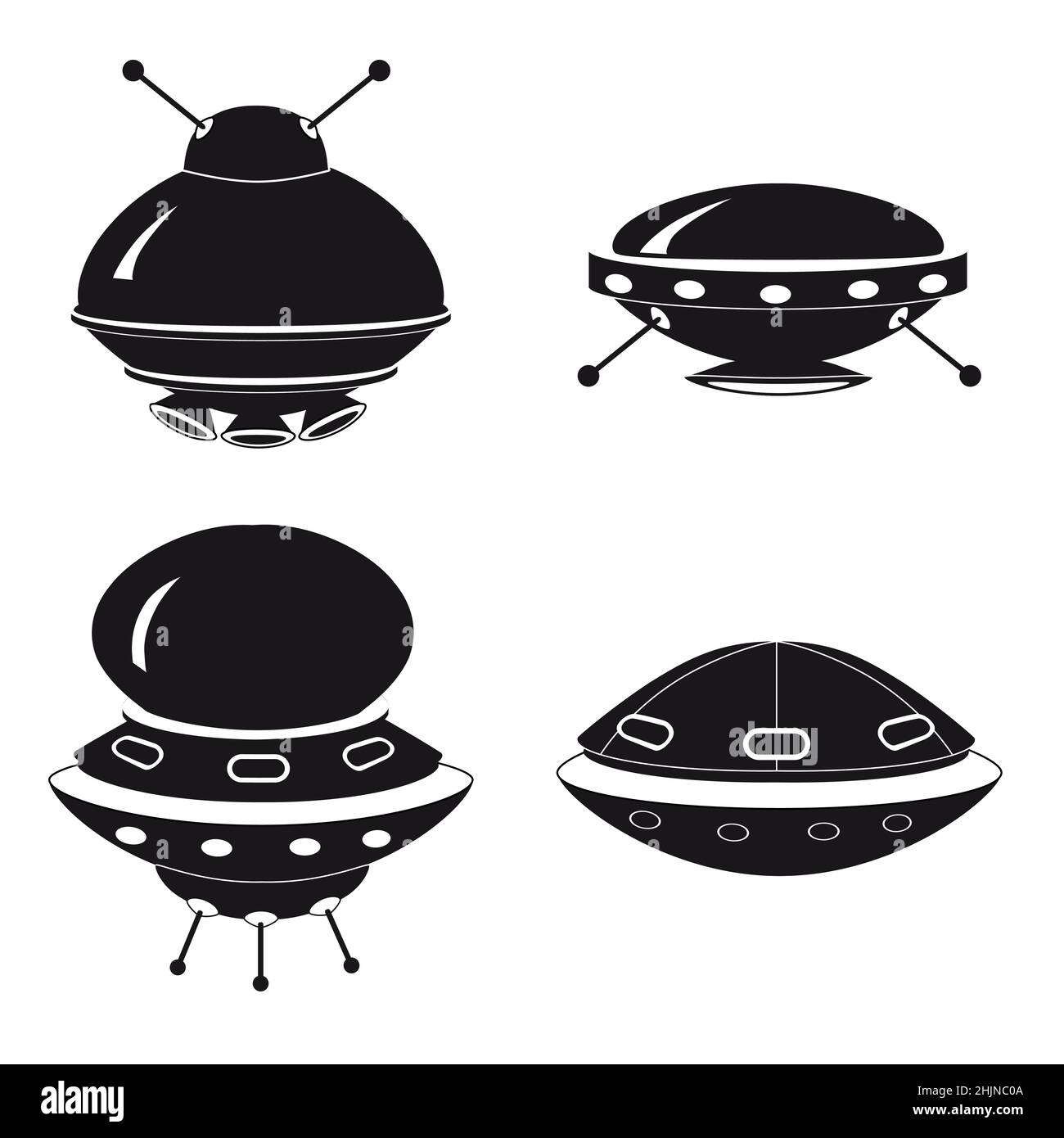 UFO icon set, spacecraft of alien. Vector flat black color style Stock Vector