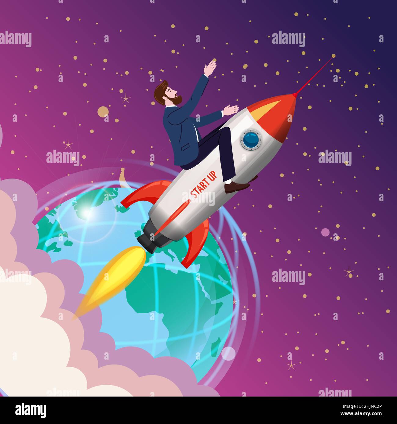 Businessman on a rocket fly through sky. Start up, goal achievement ...