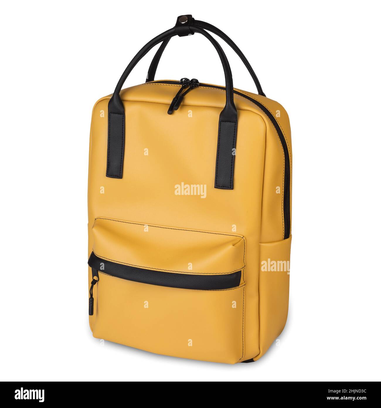 Modern yellow backpack for youth with two handles and front pocket isolated on white background