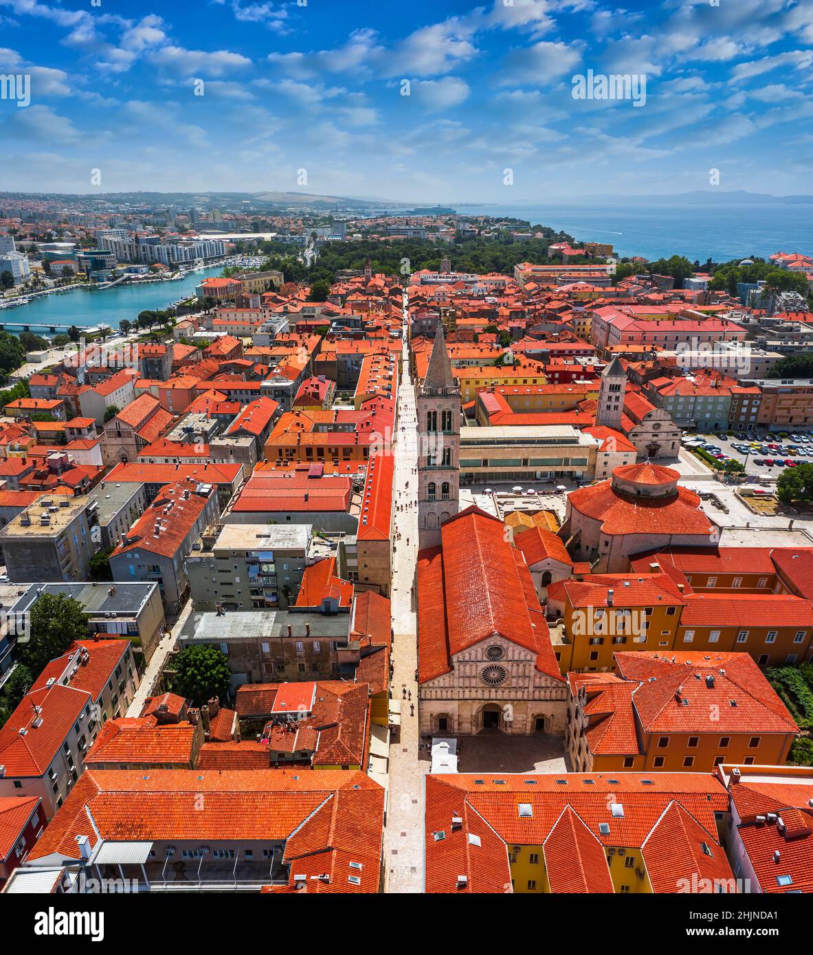 Zadar, Croatia - Aerial panoramic view of the Old Town of Zadar with Cathedral of St. Anastasia, Church of St. Donatus, St. Mary's Church, red rooftop Stock Photo