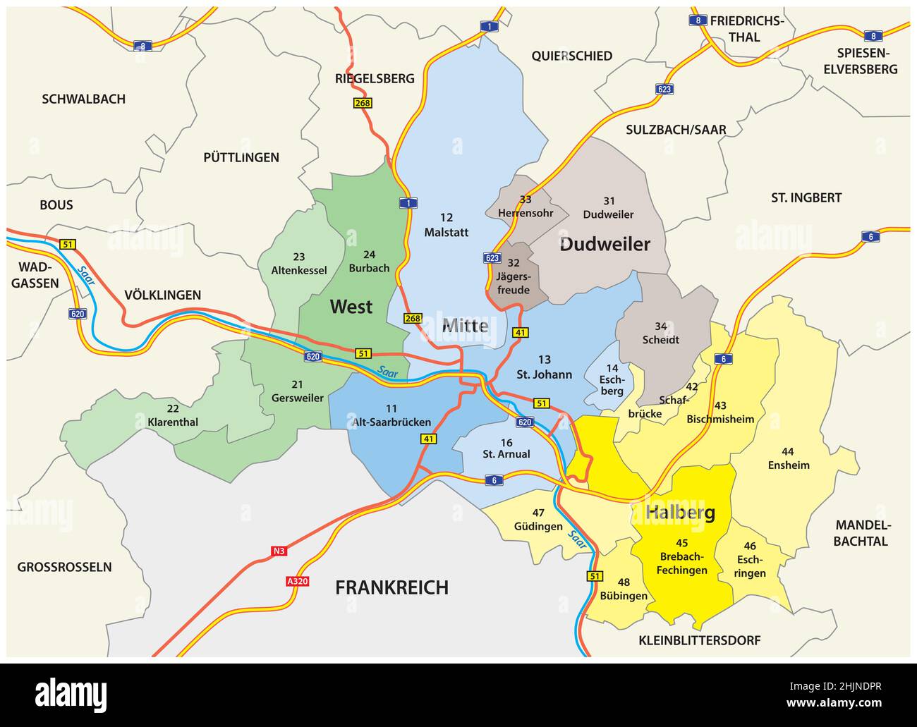 administrative vector map of the capital of Saarland, Saarbruecken Stock Vector